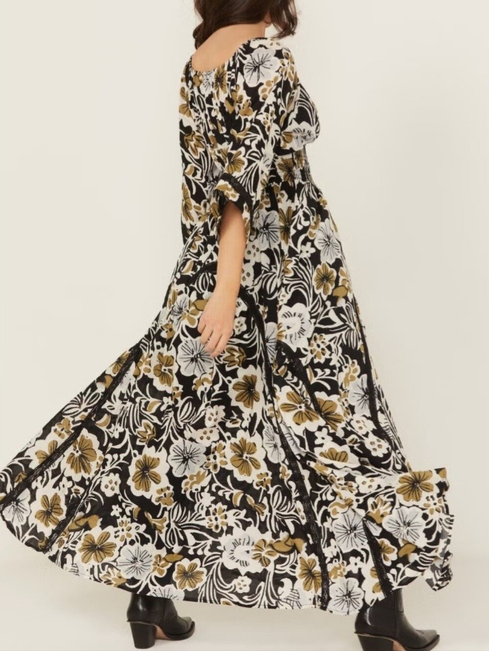 Free People Black and White Floral Smocked Waist Dress - Picture 4 of 5